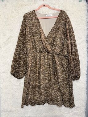 Miller Womens Leopard Print Mini Dress Size 2X Brown Lined Sheer Sleeves V-neck